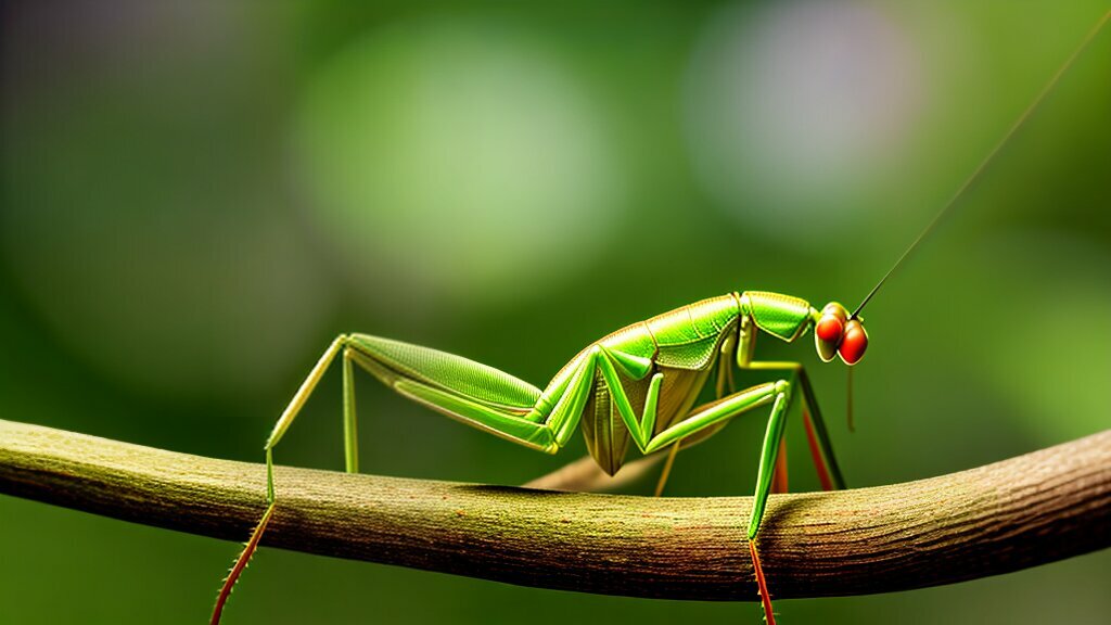 Praying mantis perched on a branch in a garden