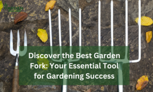 A close-up shot of several garden forks laid out on a stone surface with scattered autumn leaves. The text "Discover the Best Garden Fork: Your Essential Tool for Gardening Success" is overlaid on the image in a dark green box.